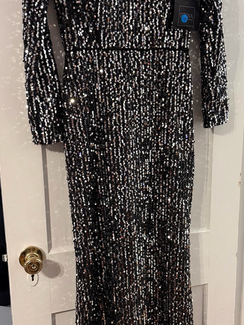 Ieena for Mac Duggal Black Sequin Long Sleeve Evening Dress
